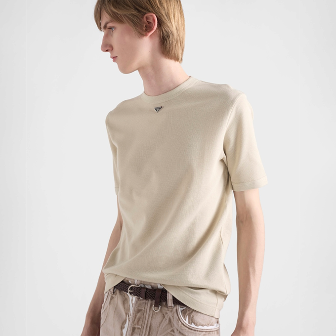 prada mini triangle logo waffle knit short sleeve t-shirt
